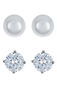 Set of 2 Sterling Silver Cubic Zirconia & Faux Pearl Stud Earrings
