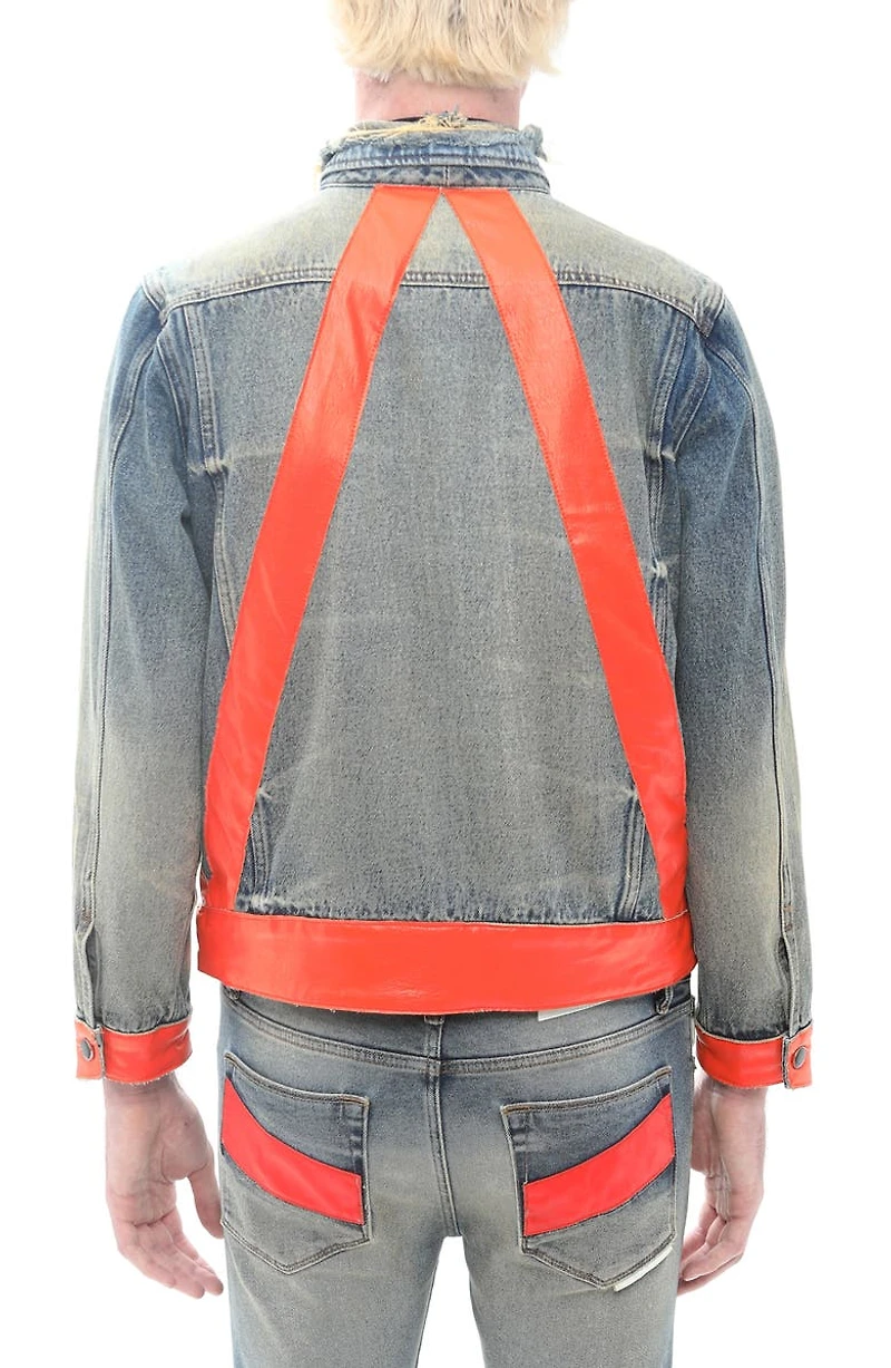 Leather Detail Cotton Denim Trucker Jacket