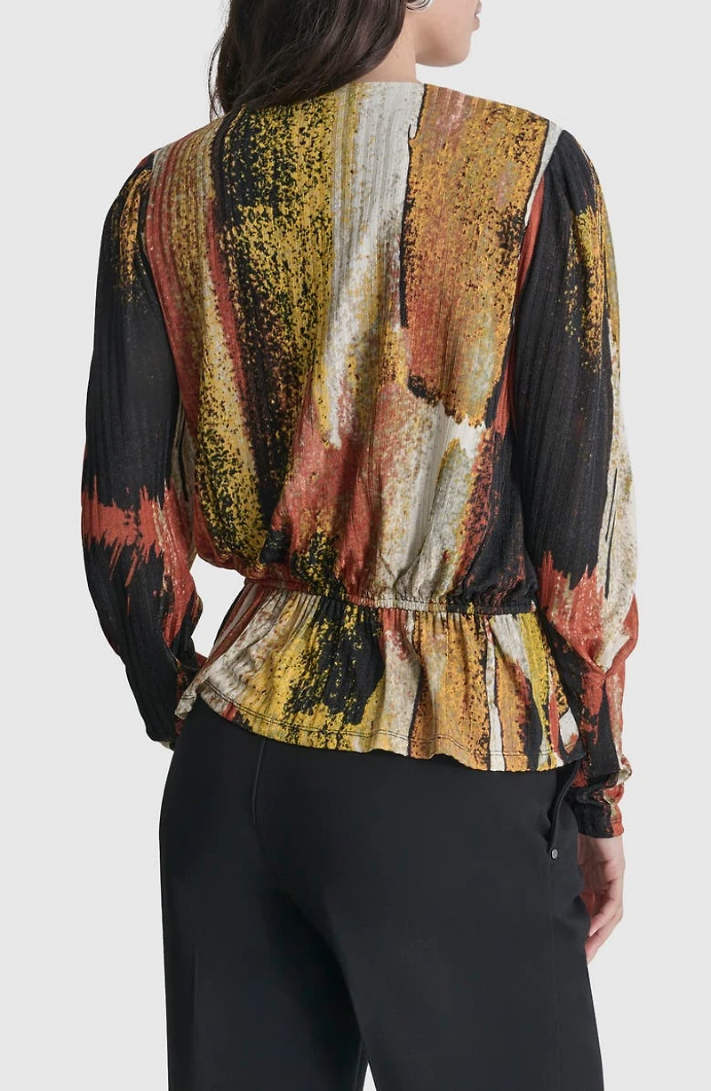 Print Faux Wrap Peplum Top