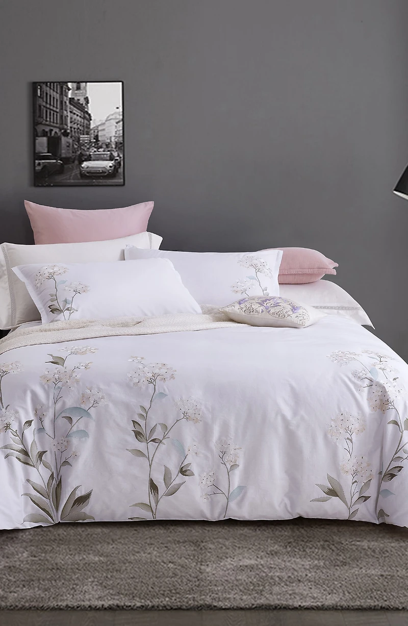 White Hydrangea Embroidery Cotton Duvet Cover Set