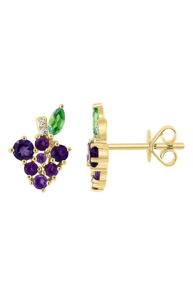 14K Gold Diamond & Amethyst Grape Stud Earrings