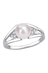 Sterling Silver 7.5mm Cultured Freshwater Pearl & Diamond Ring - 0.04ct.