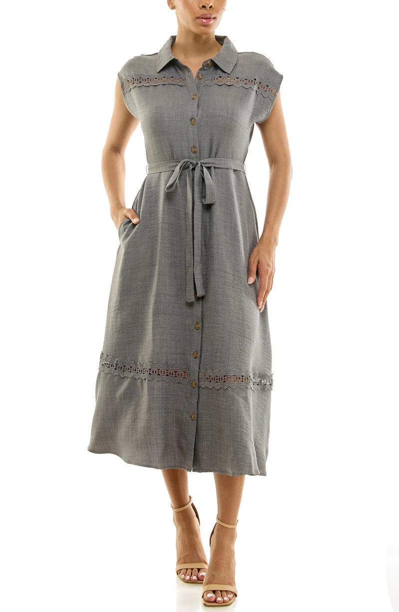 Cap Sleeve Lace Trim Midi Shirtdress