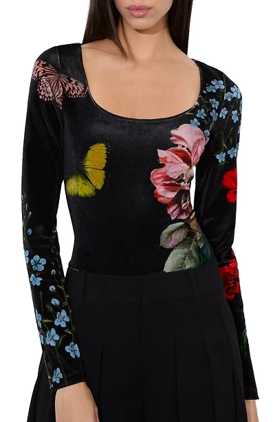 Delaina Floral & Butterfly Print Scoop Neck Top