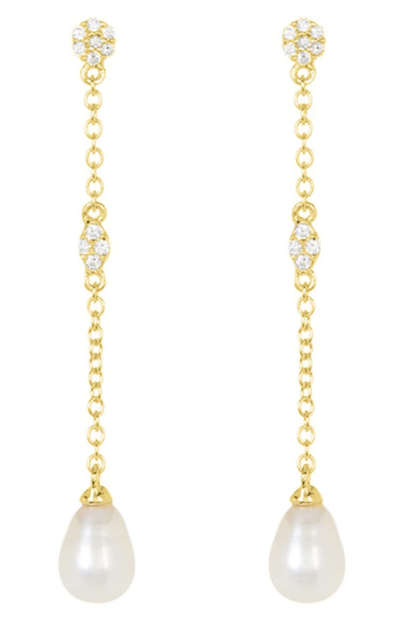 White Rhodium Plated Swarovski Crystal Accented & 7mm Freshwater Pearl Drop Earrings