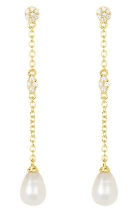 White Rhodium Plated Swarovski Crystal Accented & 7mm Freshwater Pearl Drop Earrings