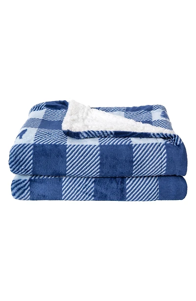 Logde Plaid Print Reversible Faux Shearling Throw Blanket