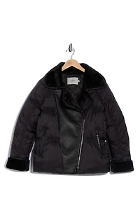 Faux Fur Collar Quilted Bomber Jacket