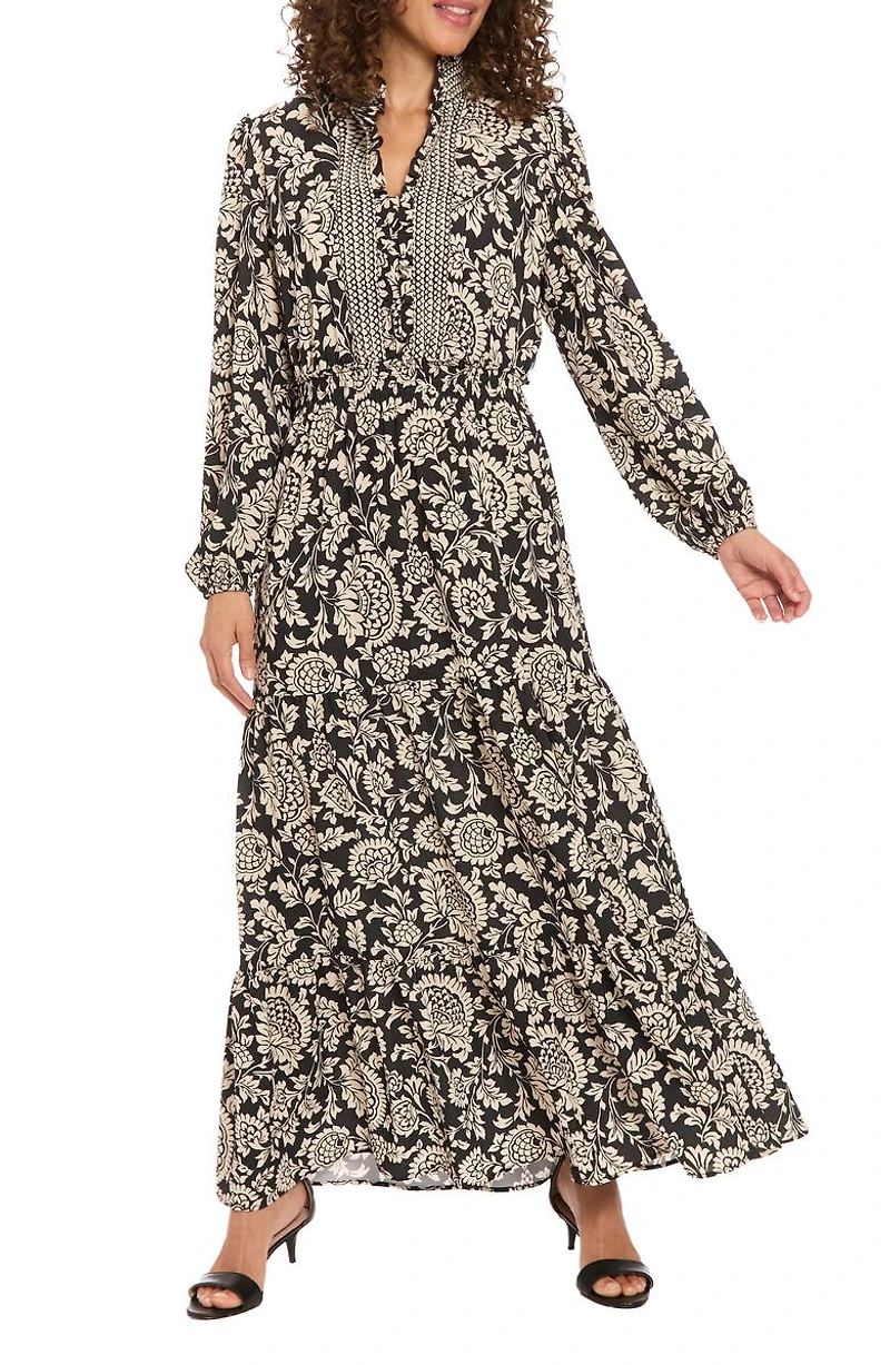 Long Sleeve Bubble Crepe Tiered Maxi Dress