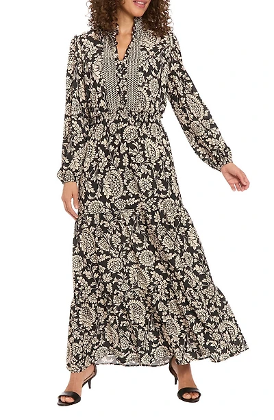 Long Sleeve Bubble Crepe Tiered Maxi Dress