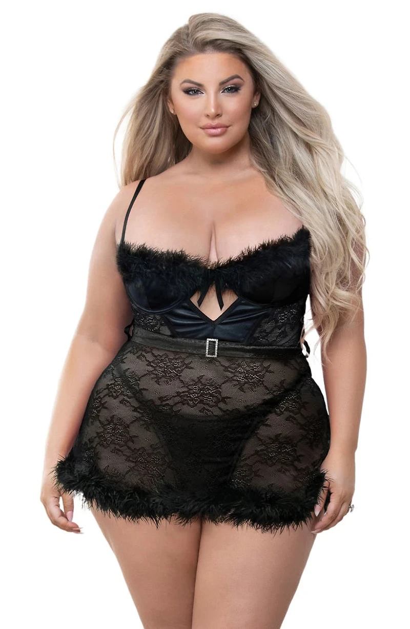 Feather Trim Lace Babydoll & G-String Set