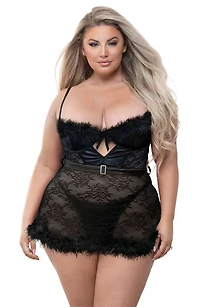 Feather Trim Lace Babydoll & G-String Set