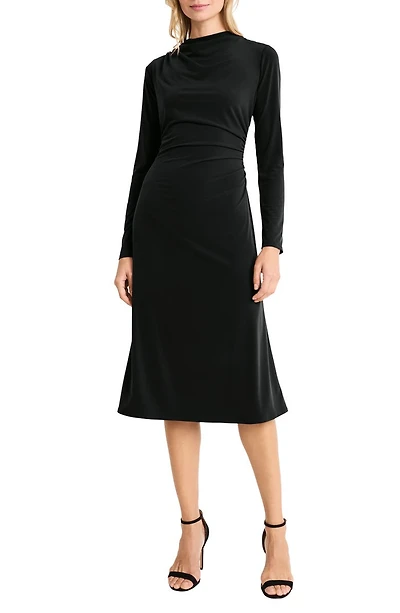 High Neck Long Sleeve Sheath Midi Dress