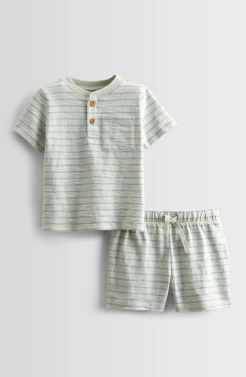 Stripe Short Sleeve Henley & Drawstring Shorts Set