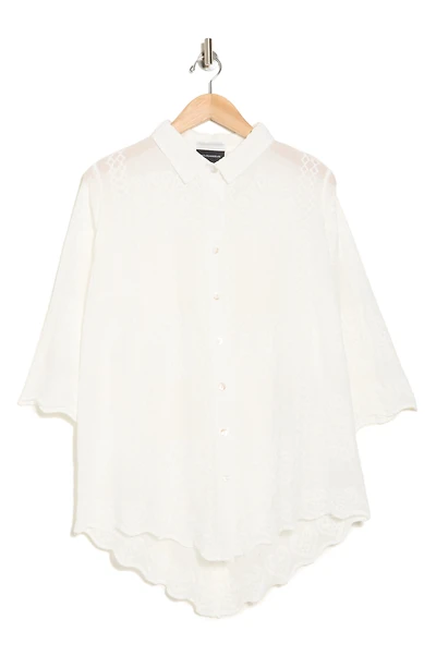 Floral Embroidered Three-Quarter Sleeve Cotton Button-Up Shirt