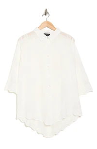 Floral Embroidered Three-Quarter Sleeve Cotton Button-Up Shirt