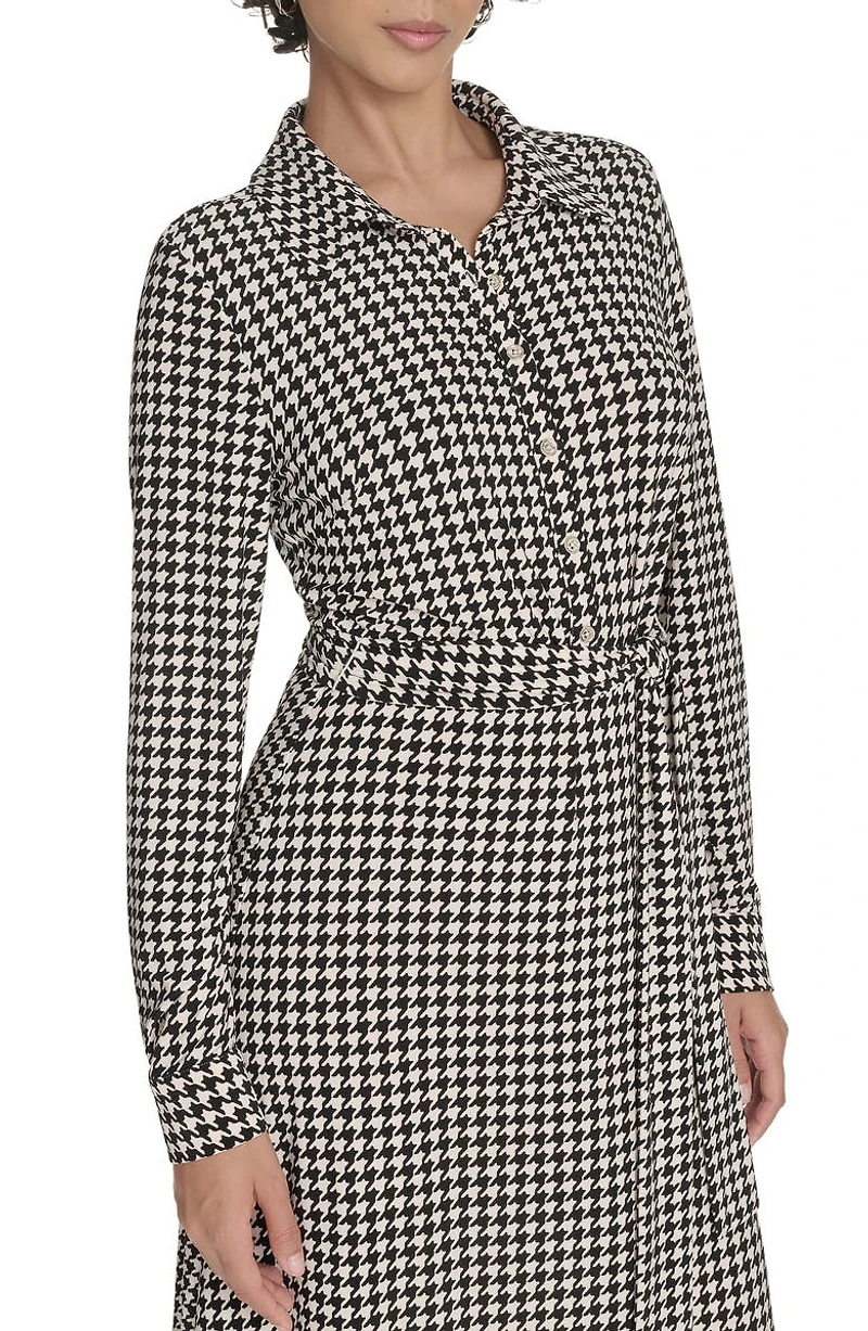 Houndstooth Long Sleeve Tie Waist Shirtdress