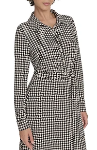Houndstooth Long Sleeve Tie Waist Shirtdress