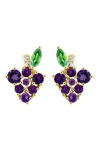 14K Gold Diamond & Amethyst Grape Stud Earrings