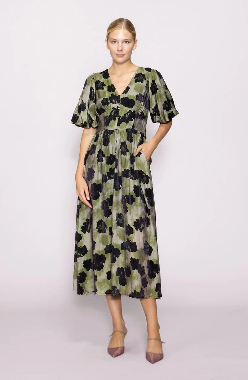 Bubble Sleeve Fit & Flare Midi Dress