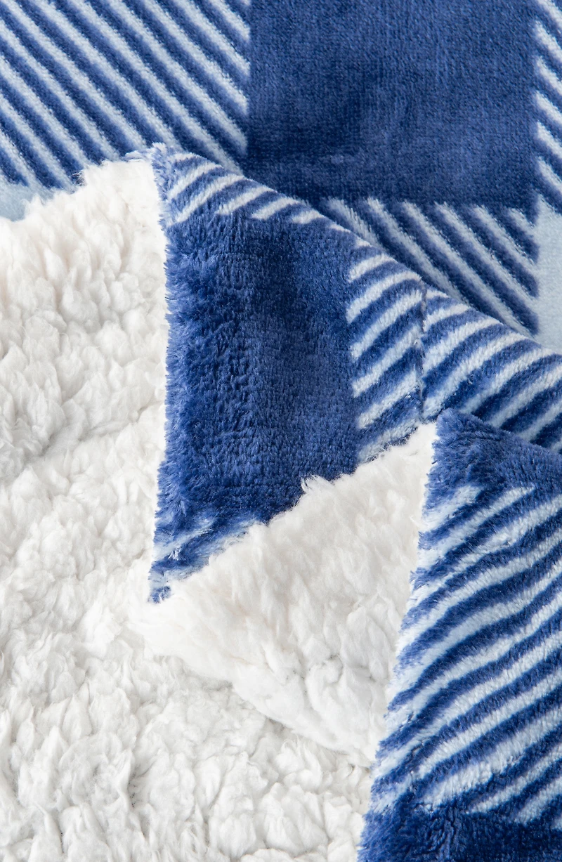 Logde Plaid Print Reversible Faux Shearling Throw Blanket