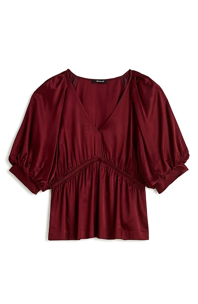 Shirred Puff Sleeve Satin Top