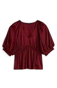 Shirred Puff Sleeve Satin Top