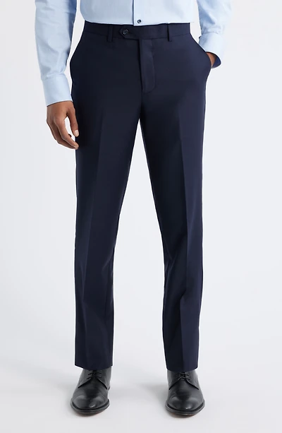 Slim Fit Flat Front Blue Wool Dress Pants