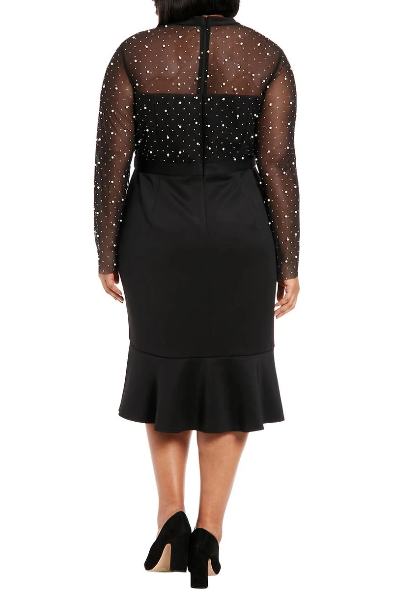 Long Sleeve Faux Pearl Illusion Midi Dress