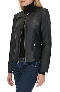 Woven Detail Leather Jacket
