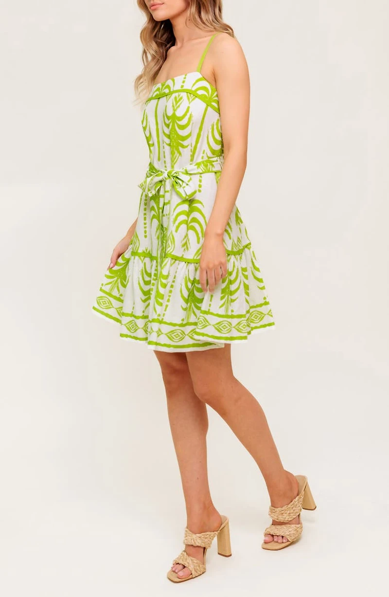 Abstract Frond Belted Linen Minidress