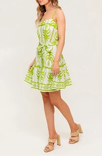 Abstract Frond Belted Linen Minidress