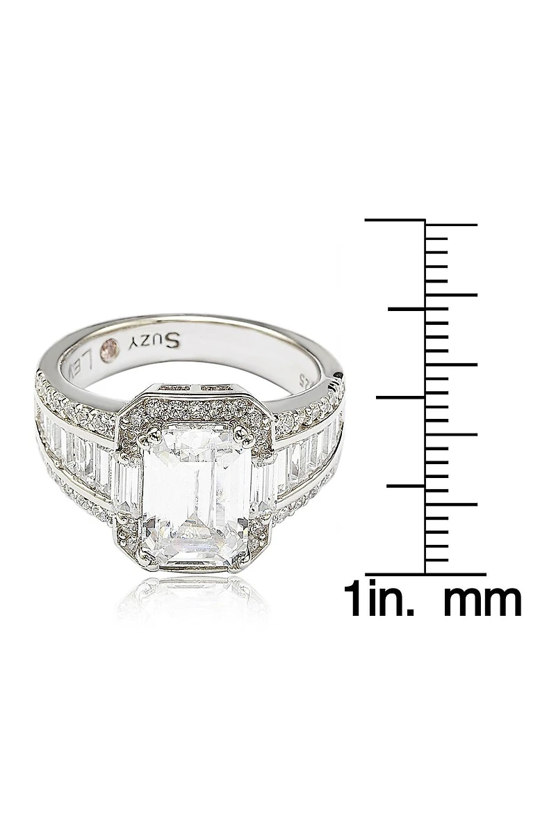Sterling Silver Emerald-Cut & Round-Cut Cubic Zirconia Engagement Ring