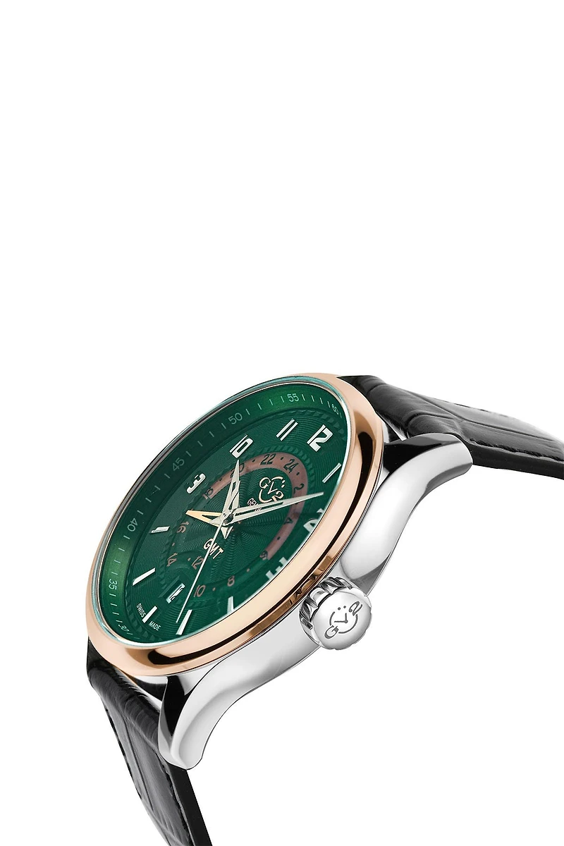 Men's Giromondo Green Dial Black Calfskin Leather Watch, 42mm