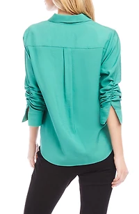 Ruched Sleeve Button-Up Shirt