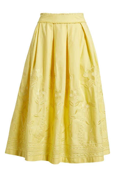 Floral Embroidered Pleated Cotton Midi Skirt