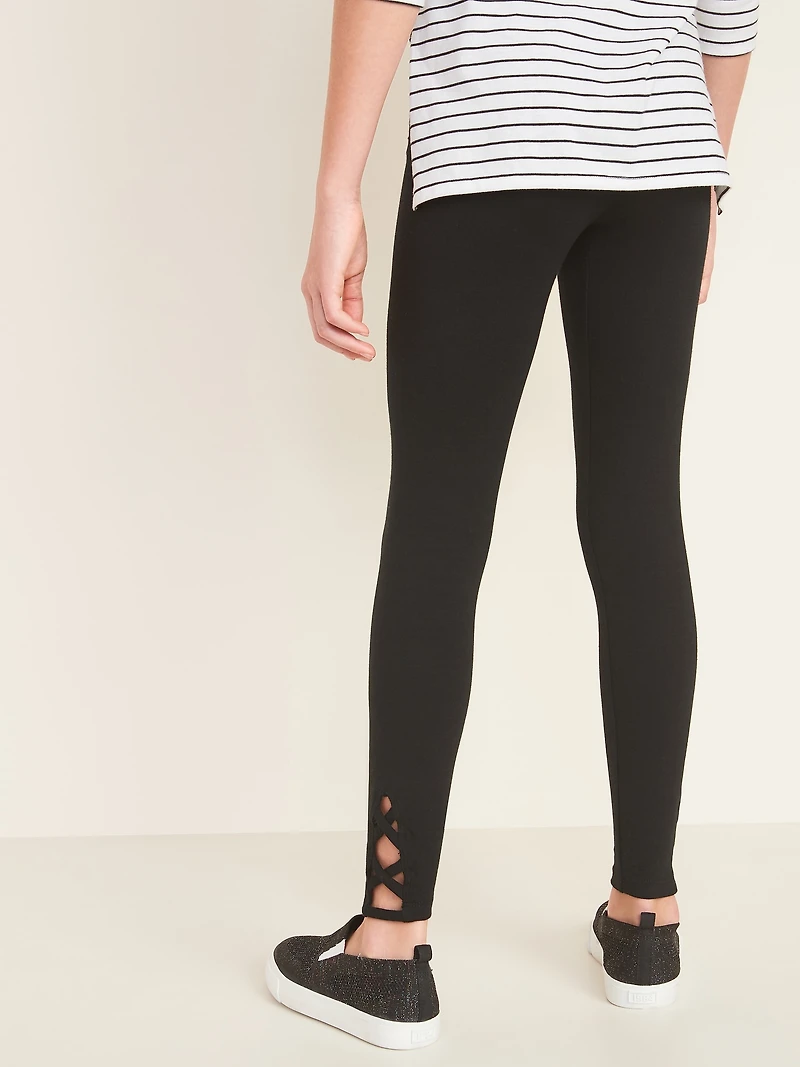 Built-In Tough Full-Length Lattice-Hem Leggings for Girls