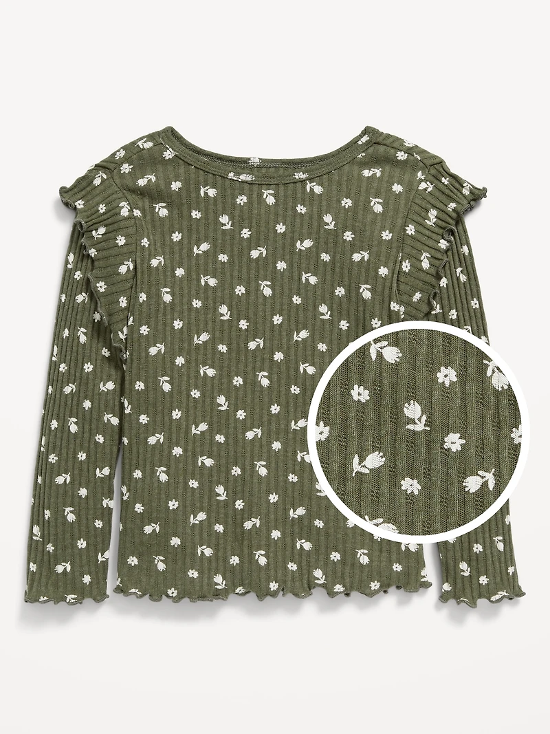 Printed Long-Sleeve Ruffle Pointelle Top for Toddler Girls