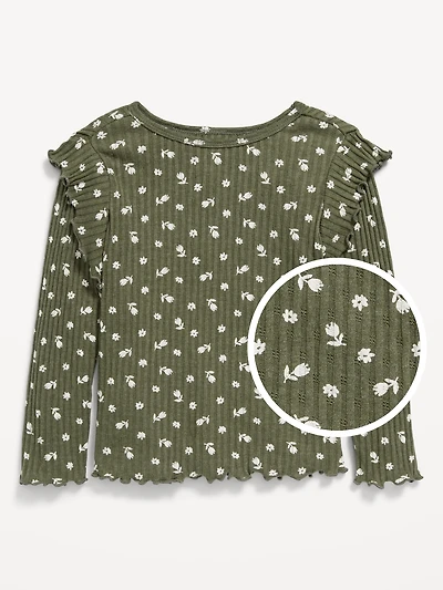 Printed Long-Sleeve Ruffle Pointelle Top for Toddler Girls