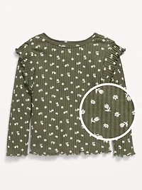 Printed Long-Sleeve Ruffle Pointelle Top for Toddler Girls