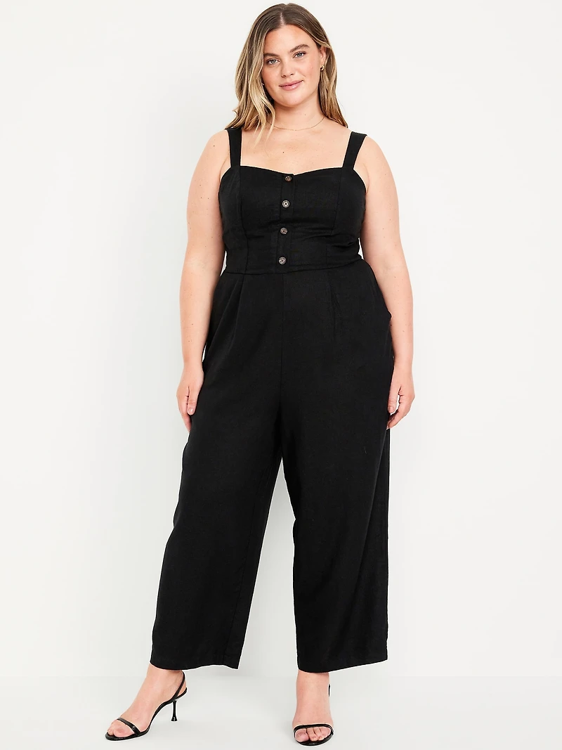 Button-Front Linen-Blend Cami Jumpsuit