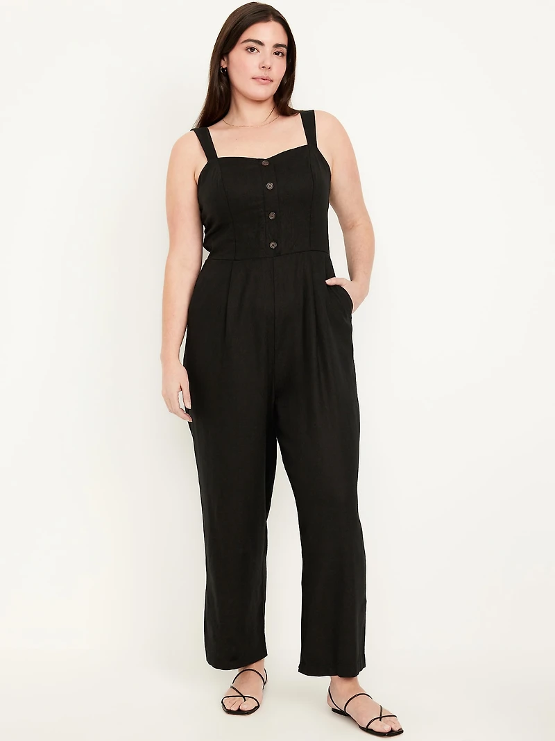Button-Front Linen-Blend Cami Jumpsuit