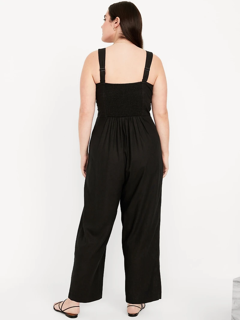 Button-Front Linen-Blend Cami Jumpsuit