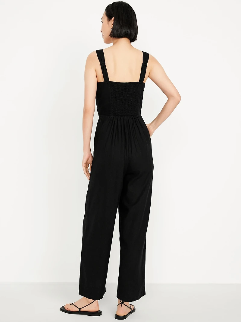 Button-Front Linen-Blend Cami Jumpsuit