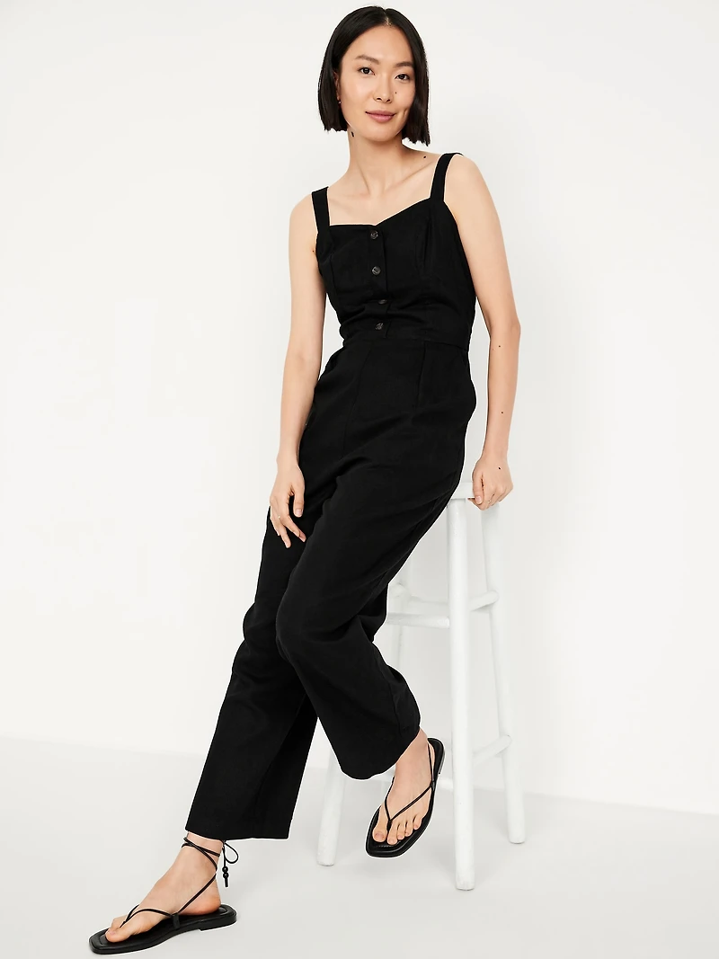 Button-Front Linen-Blend Cami Jumpsuit