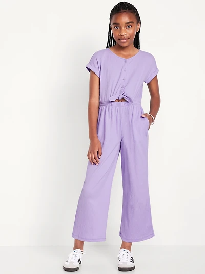 Short-Sleeve Button-Front Tie-Knot Jumpsuit for Girls