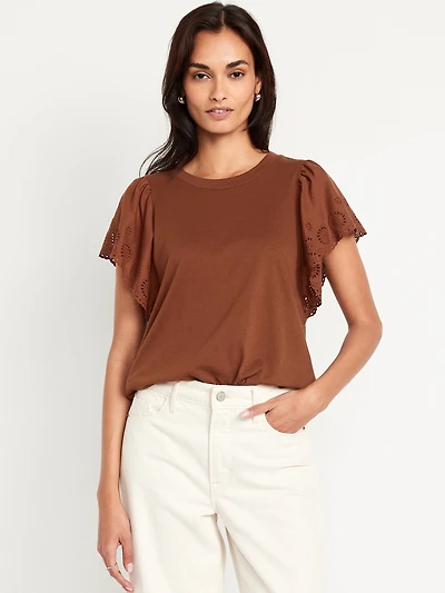 Cutwork-Sleeve Mixed Fabric Top