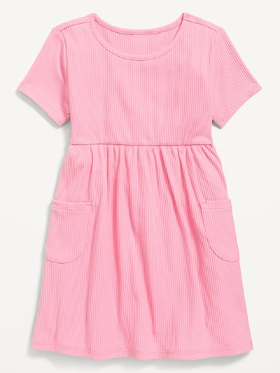 Short-Sleeve Ribbed Fit and Flare Pocket Dress for Toddler Girls