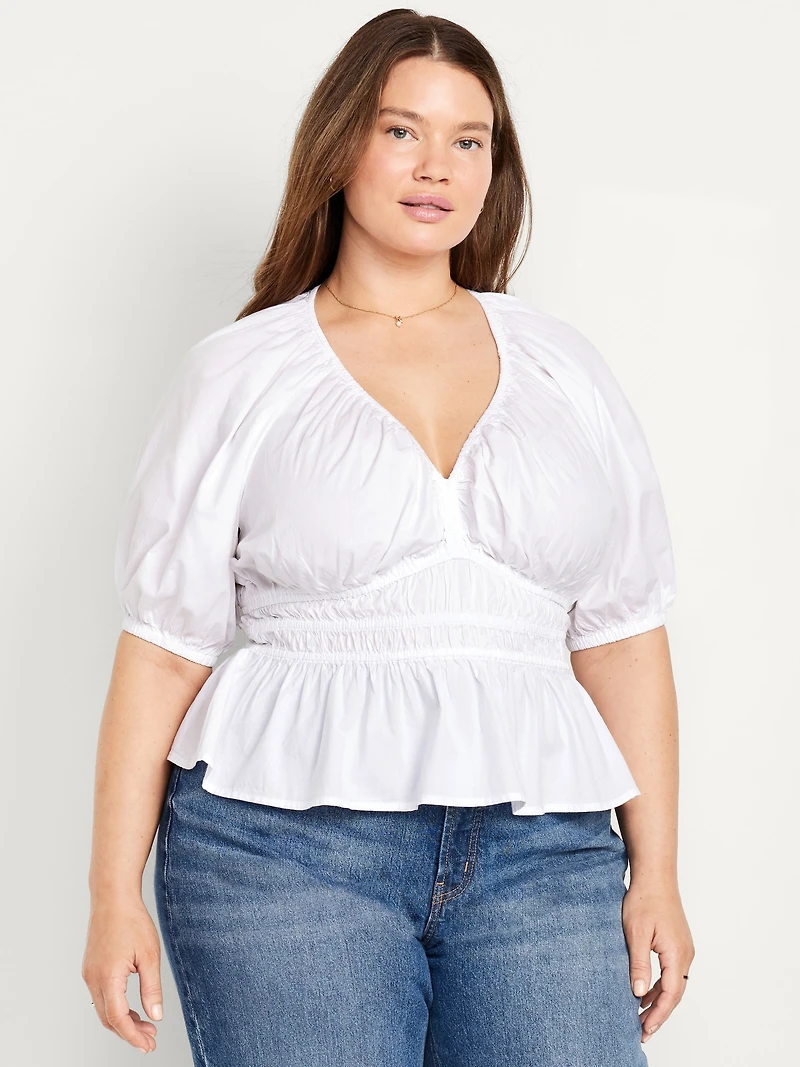 Smocked V-Neck Peplum Top