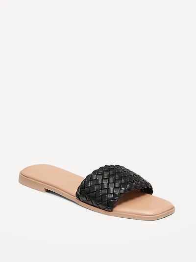 Faux-Leather Woven Slide Sandals